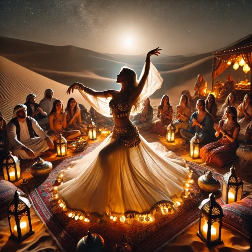 DALL·E 2025-02-21 23.59.14 – A mesmerizing belly dance performance in the desert at night, with a group of people sitting around watching. The dancer wears an elegant, flowing out DALL·E 2025-02-21 23.59.14 - A mesmerizing belly dance performance in the desert at night, with a group of people sitting around watching. The dancer wears an elegant, flowing out