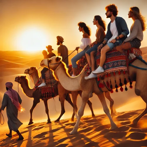 DALL·E 2025-02-22 00.00.41 – A group of Western tourists enjoying a camel ride in the desert during sunset. The camels are decorated with colorful saddles and traditional accessor DALL·E 2025-02-22 00.00.41 - A group of Western tourists enjoying a camel ride in the desert during sunset. The camels are decorated with colorful saddles and traditional accessor