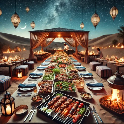 DALL·E 2025-02-22 00.01.29 – A luxurious buffet dinner and BBQ setup in the desert under a starry night sky. The scene features a long table filled with a variety of delicious gri DALL·E 2025-02-22 00.01.29 - A luxurious buffet dinner and BBQ setup in the desert under a starry night sky. The scene features a long table filled with a variety of delicious gri