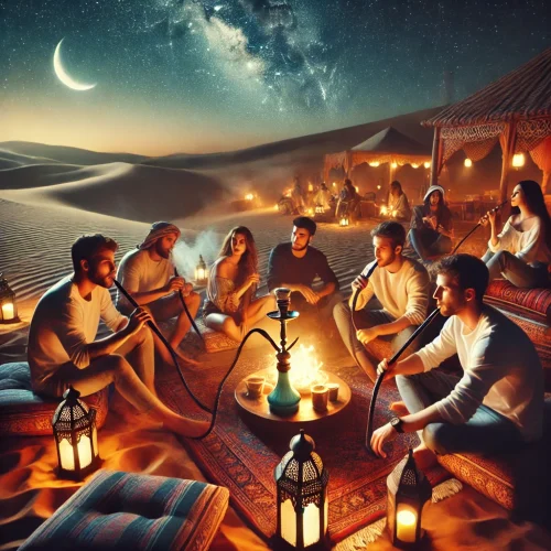 DALL·E 2025-02-22 00.02.36 – A group of people enjoying Hubble Bubble (Shisha) in the desert at night. They are seated on plush cushions around low tables, sharing flavored shisha DALL·E 2025-02-22 00.02.36 - A group of people enjoying Hubble Bubble (Shisha) in the desert at night. They are seated on plush cushions around low tables, sharing flavored shisha