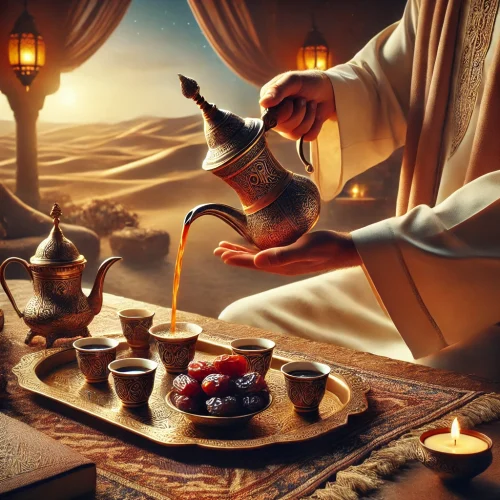 DALL·E 2025-02-22 00.03.28 – A realistic scene of Arabic coffee (Gahwa) and dates being served in a traditional desert setting. A person wearing a traditional Middle Eastern outfi DALL·E 2025-02-22 00.03.28 - A realistic scene of Arabic coffee (Gahwa) and dates being served in a traditional desert setting. A person wearing a traditional Middle Eastern outfi