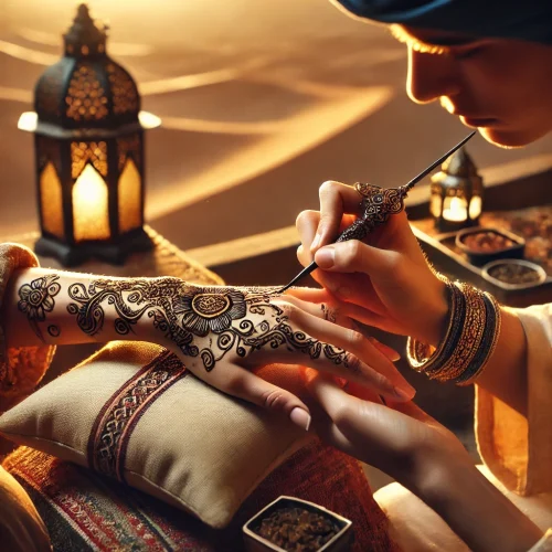 DALL·E 2025-02-22 00.04.08 – A realistic scene of a henna artist applying intricate henna designs on a woman’s hand in a traditional desert setting. The artist carefully draws det DALL·E 2025-02-22 00.04.08 - A realistic scene of a henna artist applying intricate henna designs on a woman's hand in a traditional desert setting. The artist carefully draws det