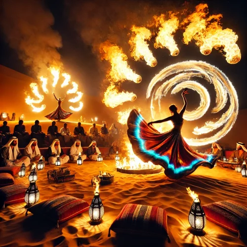 DALL·E 2025-02-22 00.04.46 – A stunning fire show and Tanura dance performance in the desert at night. A skilled performer spins flaming torches, creating mesmerizing trails of fi DALL·E 2025-02-22 00.04.46 - A stunning fire show and Tanura dance performance in the desert at night. A skilled performer spins flaming torches, creating mesmerizing trails of fi