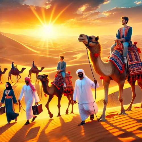 DALL·E 2025-02-22 00.11.47 – A scenic desert landscape with tourists enjoying camel riding. The camels are adorned with colorful saddles and traditional decorations. The riders, d DALL·E 2025-02-22 00.11.47 - A scenic desert landscape with tourists enjoying camel riding. The camels are adorned with colorful saddles and traditional decorations. The riders, d